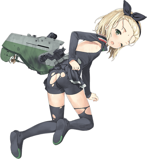 ass backless_outfit bike_shorts black_hairband black_legwear black_skirt blonde_hair full_body green_eyes hairband jiji kantai_collection looking_back luigi_torelli_(kantai_collection) medium_hair microskirt official_art one_eye_closed pleated_skirt shorts shorts_under_skirt skin_tight skirt sleeveless solo thighhighs torn_clothes torn_legwear torn_shorts torn_skirt transparent_background uit-25_(kantai_collection)
