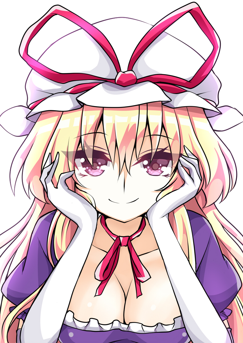 aki_chimaki bangs blonde_hair breasts chin_rest choker cleavage closed_mouth collarbone dress elbow_gloves eyebrows_visible_through_hair frilled_dress frills gloves hair_between_eyes hat hat_ribbon highres long_hair looking_at_viewer medium_breasts mob_cap puffy_short_sleeves puffy_sleeves purple_dress purple_eyes red_ribbon ribbon ribbon_choker short_sleeves simple_background smile solo staring touhou upper_body white_background white_gloves yakumo_yukari