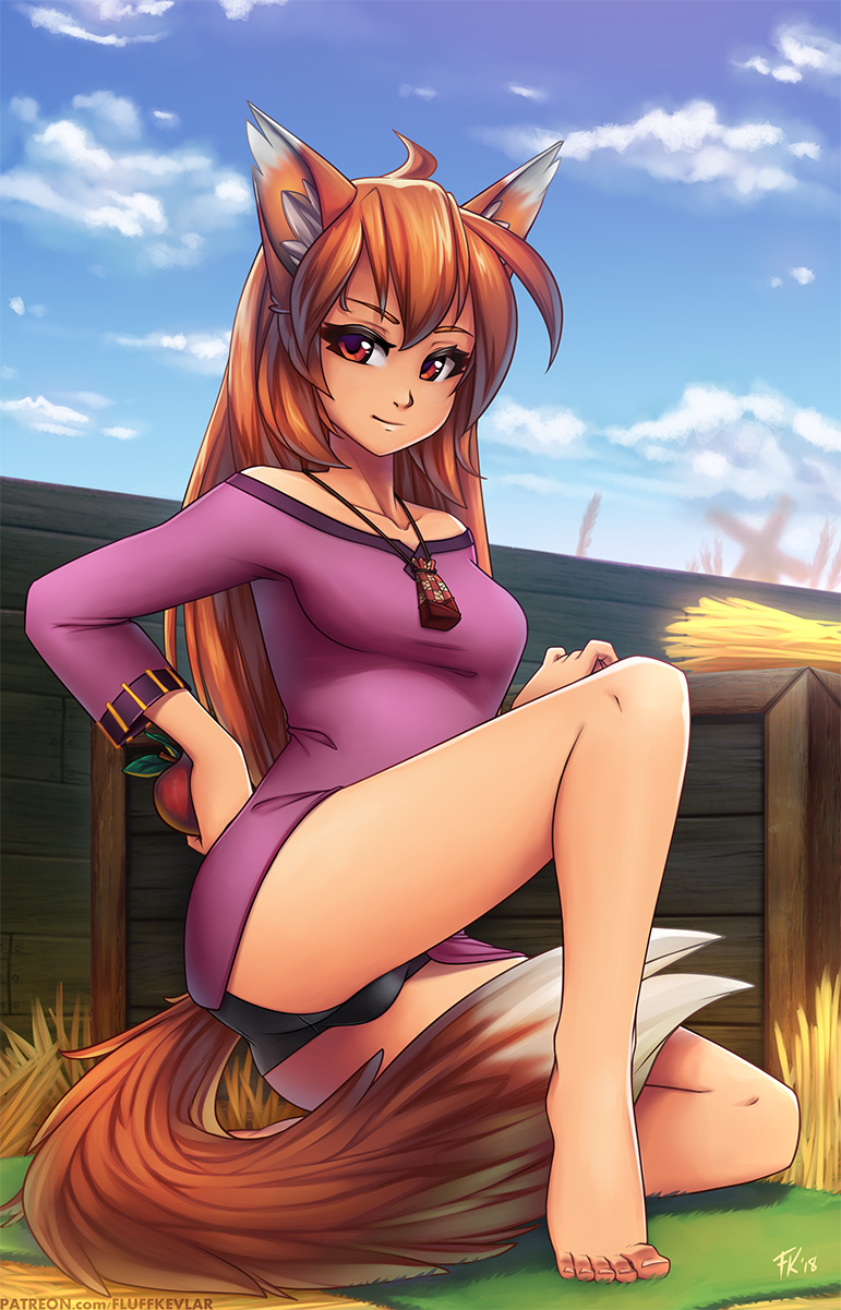 ahoge animal_ears apple bangs bare_legs barefoot black_panties blue_sky closed_mouth cloud cloudy_sky collarbone commentary crotch_seam day english_commentary eyelashes feet fluff_kevlar food fruit half-closed_eyes highres holding holding_food holding_fruit holo long_hair long_sleeves looking_at_viewer orange_eyes orange_hair panties red_apple sky smile solo spice_and_wolf tail toes underwear wolf_ears wolf_girl wolf_tail