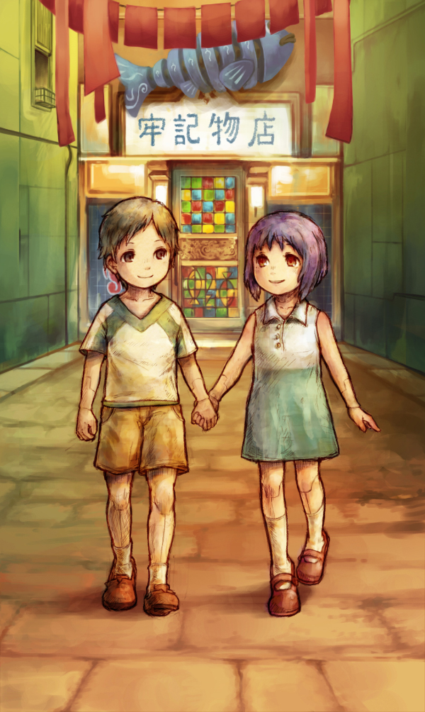 1girl bad_end blue_hair brown_eyes brown_footwear brown_shorts child city collarbone commentary_request couple cybernetic_parts cyberpunk cyborg day ghost_in_the_shell holding_hands kusanagi_motoko kuze_hideo machika_(mukulife) outdoors short_hair shorts smile socks stained_glass walking white_legwear younger