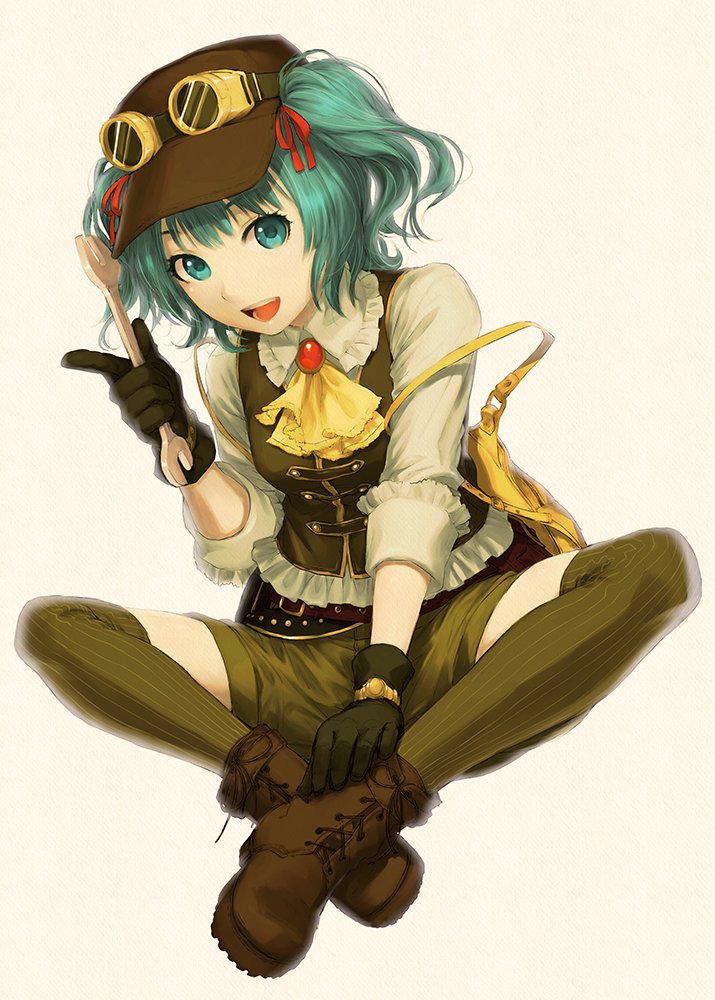 :d alternate_costume ankle_boots aqua_eyes aqua_hair ascot bag belt black_gloves boots brooch brown_footwear brown_hat brown_legwear brown_shorts brown_vest cross-laced_footwear frilled_shirt_collar frilled_sleeves frills full_body gloves goggles goggles_on_headwear hair_ribbon hat holding index_finger_raised indian_style jewelry kageharu kawashiro_nitori looking_at_viewer medium_hair open_mouth pinstripe_pattern red_ribbon ribbon sepia_background shirt short_shorts shorts simple_background sitting smile solo striped striped_legwear thighhighs touhou two_side_up vertical-striped_legwear vertical_stripes vest white_shirt wrench yellow_bag yellow_neckwear