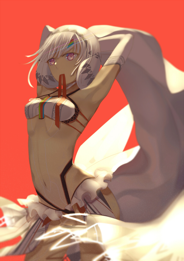 altera_(fate) armpits bangs bare_shoulders blunt_bangs breasts choker collarbone commentary_request dark_skin detached_sleeves endlessfalling fate/grand_order fate_(series) full_body_tattoo headdress midriff mouth_hold navel red_background red_eyes red_ribbon revealing_clothes ribbon ribbon_in_mouth short_hair showgirl_skirt simple_background skirt small_breasts solo standing stomach tan tattoo veil white_hair white_skirt