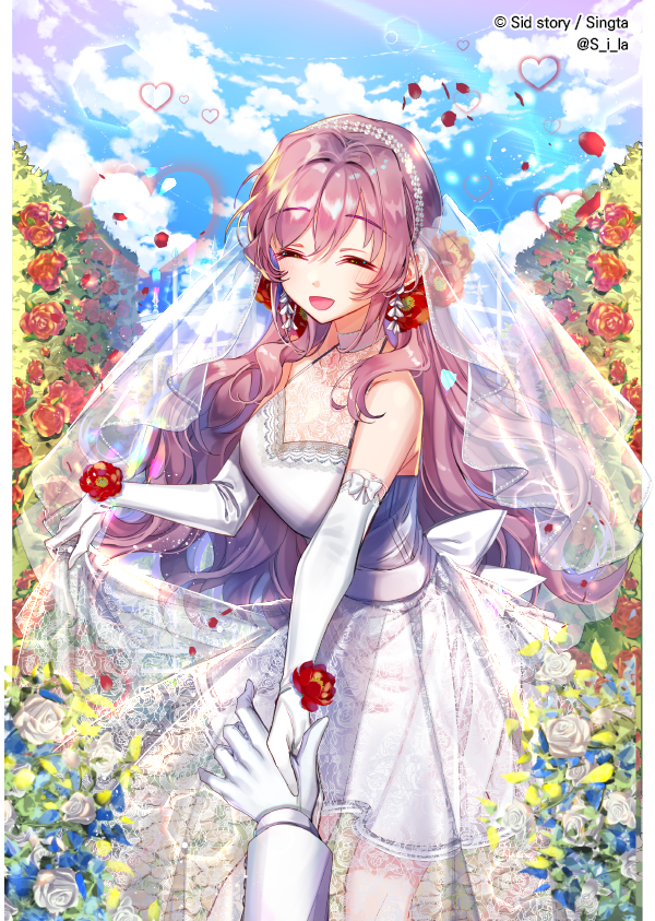 ^_^ ^o^ beads blue_sky bridal_veil bride closed_eyes cloud copyright_name day dress elbow_gloves eyebrows_visible_through_hair flower glove_bow gloves hair_beads hair_flower hair_ornament heart hetero holding_hands interitio lace long_hair male_hand official_art open_mouth outdoors red_flower red_rose rose see-through sid sid_story skirt_hold sky sleeveless sleeveless_dress smile solo_focus standing veil wedding white_dress white_flower white_gloves white_rose