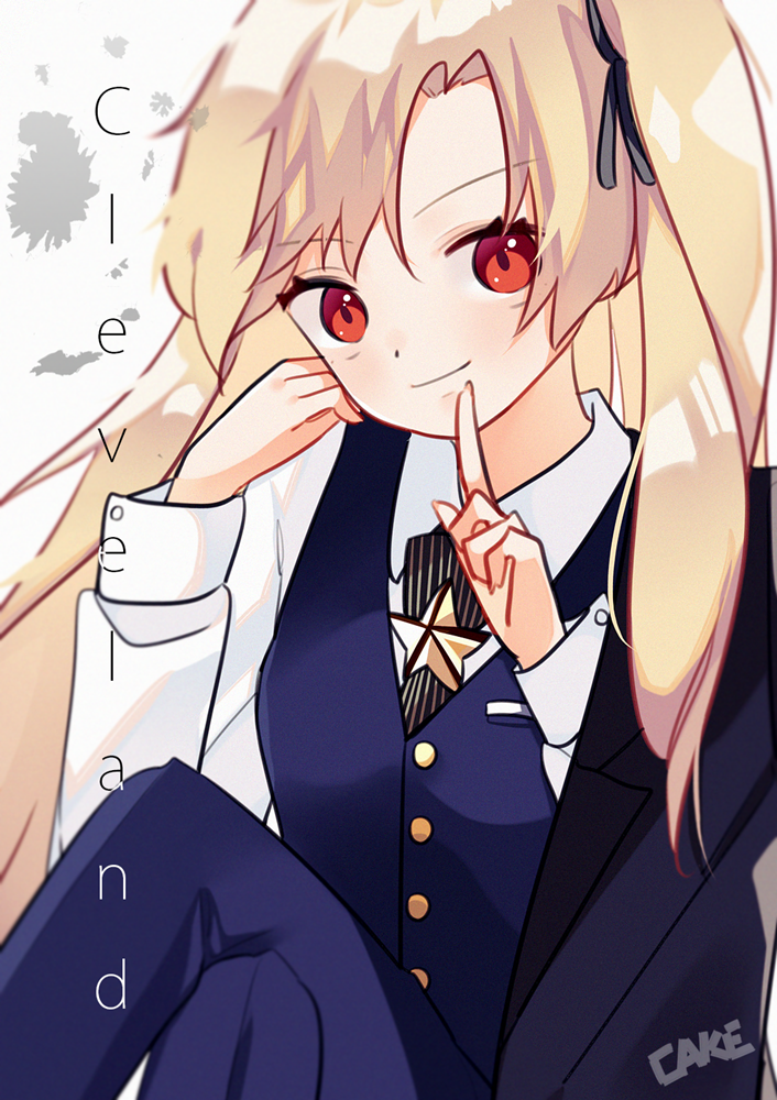asymmetrical_bangs azur_lane bangs black_neckwear black_ribbon blonde_hair blue_jacket blue_pants blue_vest cake_(isiofb) character_name chinese_commentary cleveland_(azur_lane) closed_mouth collared_shirt commentary_request eyebrows_visible_through_hair fingernails hair_ribbon hands_up head_tilt index_finger_raised jacket jacket_on_shoulders light_smile long_hair long_sleeves looking_at_viewer one_side_up pants parted_bangs red_eyes ribbon shirt signature solo striped striped_neckwear vertical-striped_neckwear vertical_stripes very_long_hair vest white_shirt