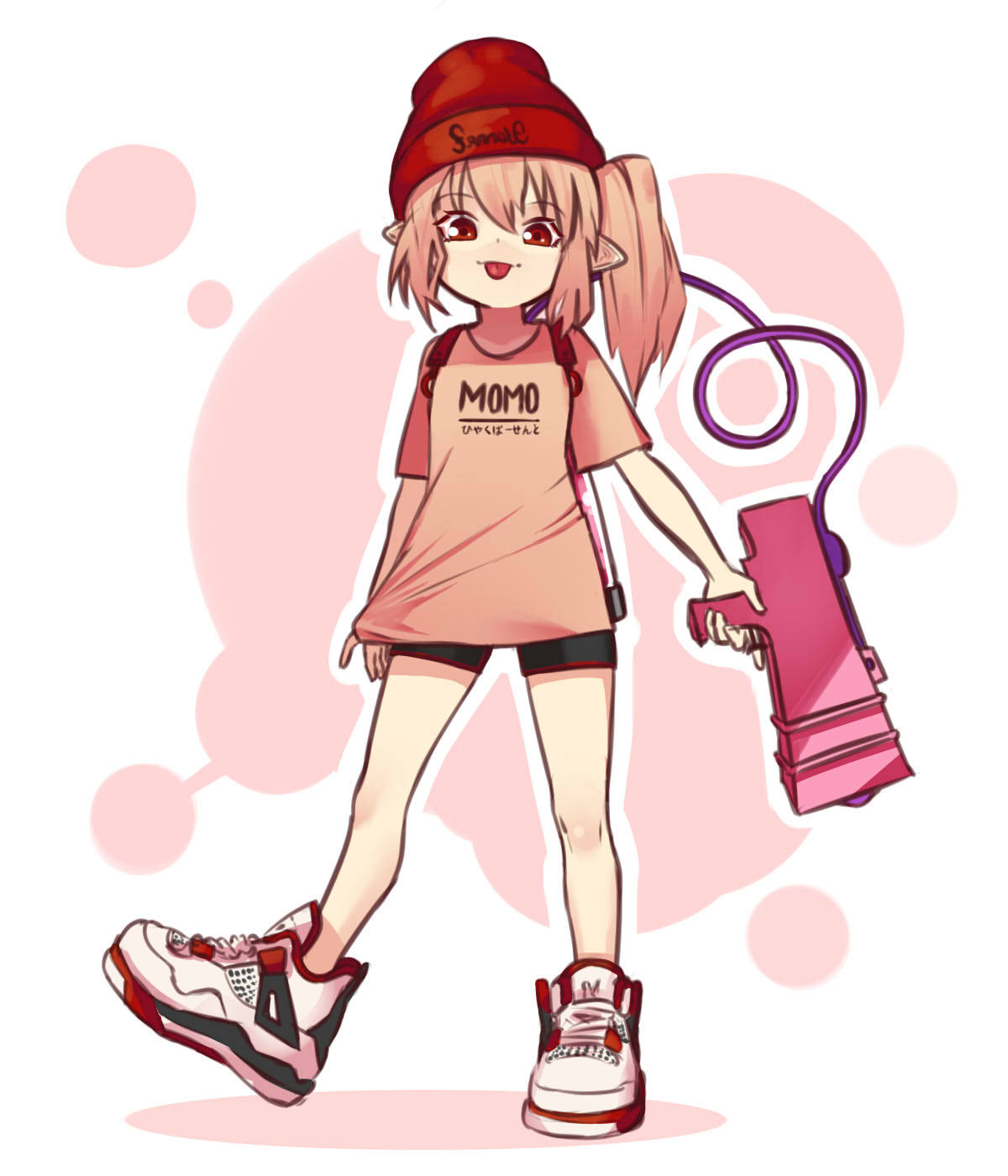 :p alternate_costume bangs bare_legs beanie black_shorts blonde_hair clothes_writing commentary contemporary english_commentary eyebrows_visible_through_hair flandre_scarlet full_body gun hair_between_eyes hat highres holding holding_gun holding_weapon ink_tank_(splatoon) long_hair looking_at_viewer orange_shirt outline pointy_ears red_eyes red_hat shirt shoes short_shorts short_sleeves shorts side_ponytail simple_background smile sneakers solo splatoon_(series) standing standing_on_one_leg t-shirt thighs tongue tongue_out touhou translated weapon white_background white_footwear white_outline yoruny