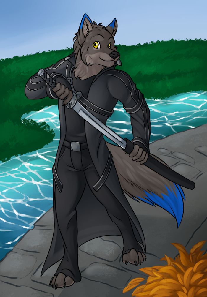 2017 amocin anthro canine claws clothed clothing day detailed_background digital_media_(artwork) fur grass holding_object holding_weapon katana leaves looking_at_viewer male mammal melee_weapon outside paws riddle_wolff sky smile solo standing sword toe_claws water weapon wolf