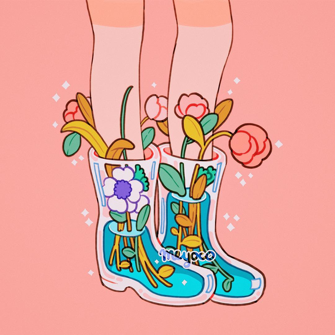 boots flower knees leaf liquid meyoco original pink_background pink_flower simple_background sparkle transparent white_flower