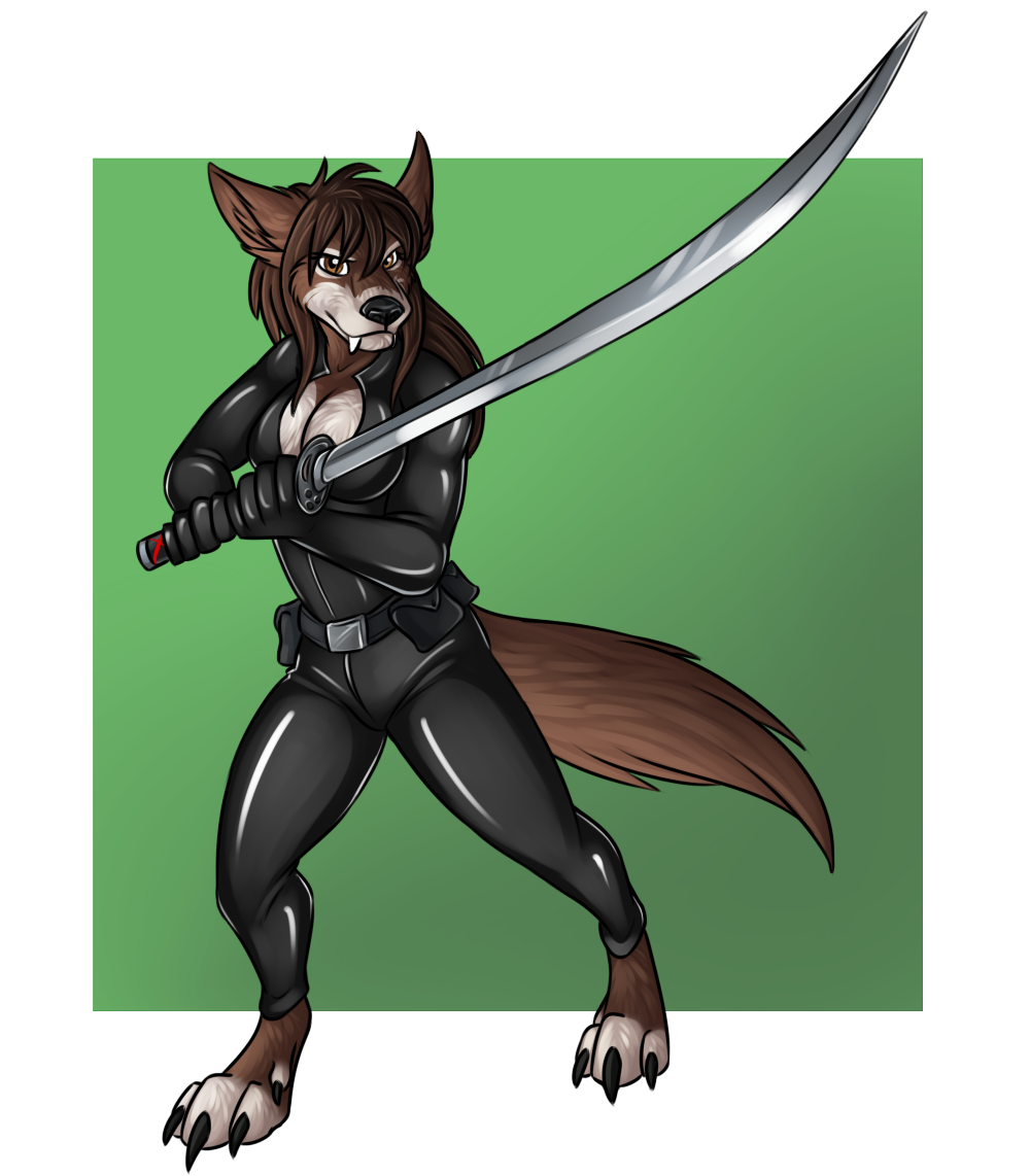 2016 amocin anthro blizzard_entertainment breasts canine claws clothed clothing digital_media_(artwork) fangs female fur hair holding_object holding_weapon katana kill_bill looking_at_viewer mammal melee_weapon simple_background solo standing sword toe_claws video_games warcraft weapon were werewolf wolf worgen