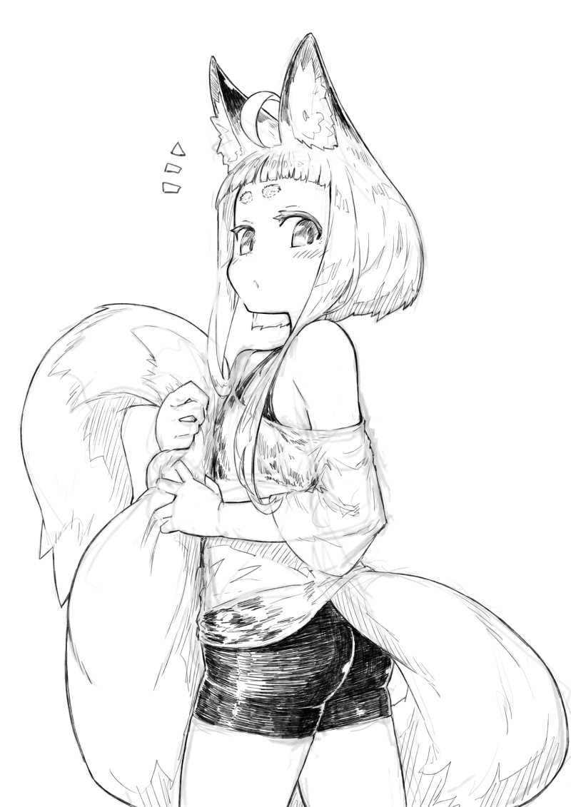 1girl ahoge animal_ear_fluff animal_ears ass bangs bike_shorts blunt_bangs blush commentary_request cowboy_shot fox_ears fox_girl fox_girl_(jaco) fox_tail greyscale holding_own_tail jaco long_hair long_tail looking_at_viewer looking_to_the_side monochrome off-shoulder_shirt off_shoulder original shirt short_hair_with_long_locks sidelocks simple_background solo standing tail thick_eyebrows twisted_torso white_background