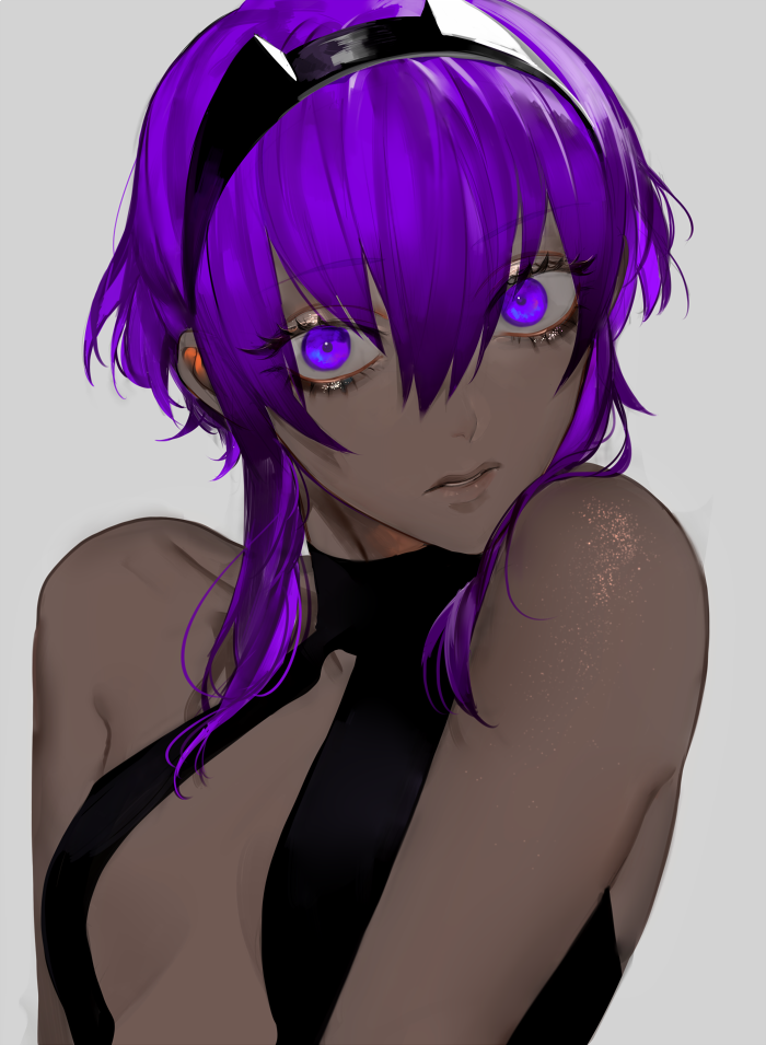 au_(d_elite) bare_shoulders black_hairband breasts commentary_request dark_skin eyebrows_visible_through_hair fate/grand_order fate/prototype fate/prototype:_fragments_of_blue_and_silver fate_(series) hair_between_eyes hairband hassan_of_serenity_(fate) lips looking_at_viewer purple_eyes purple_hair shiny shiny_skin short_hair_with_long_locks small_breasts solo