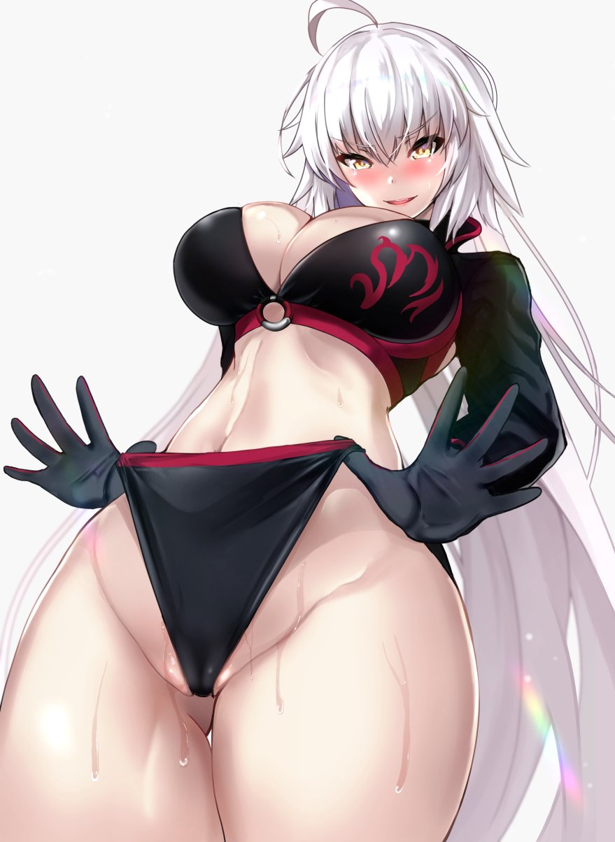 ahoge ass_visible_through_thighs bikini bikini_bottom black_bikini black_gloves black_jacket breasts cleavage commentary_request cropped_jacket fate/grand_order fate_(series) from_below gloves grey_background groin hair_between_eyes highleg highres jacket jeanne_d'arc_(alter_swimsuit_berserker) jeanne_d'arc_(fate)_(all) large_breasts long_hair navel o-ring o-ring_bikini panties panty_pull shrug_(clothing) silver_hair simple_background skindentation solo swimsuit underwear untsue yellow_eyes