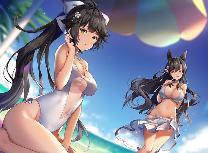 alternate_costume animal_ears arm_behind_back atago_(azur_lane) azur_lane bangs beach beach_umbrella between_legs black_hair blue_sky blurry blurry_background blush bow breasts brown_eyes casual_one-piece_swimsuit cleavage collarbone commentary_request criss-cross_halter day extra_ears eyebrows_visible_through_hair finger_to_mouth floating_hair groin hair_between_eyes hair_bow hair_flaps hair_ornament hair_ribbon half-closed_eyes halterneck hand_between_legs hand_in_hair head_tilt large_breasts long_hair looking_at_viewer mole mole_under_eye multiple_girls navel non_(nobu) ocean one-piece_swimsuit open_mouth outdoors palm_leaf ponytail ribbon sand sarong see-through sidelocks sitting sky smile standing stomach swept_bangs swimsuit takao_(azur_lane) taut_clothes taut_swimsuit umbrella very_long_hair wariza white_bow white_ribbon