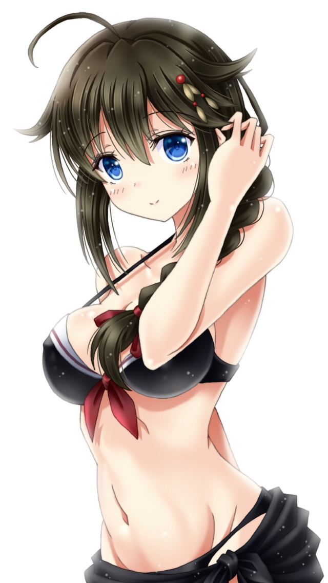 ahoge alternate_costume amou_yuu bare_arms bare_shoulders bikini blue_eyes blush braid breasts brown_hair collarbone commentary_request error eyebrows_visible_through_hair hair_between_eyes hair_flaps hair_ornament hair_over_shoulder hand_in_hair hand_up kantai_collection long_hair looking_at_viewer medium_breasts navel remodel_(kantai_collection) shigure_(kantai_collection) sidelocks simple_background single_braid smile solo swimsuit white_background wrong_hand
