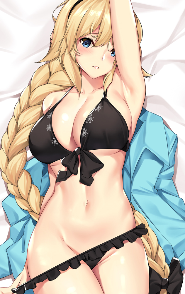 arm_up armpits bed_sheet bikini black_bikini blonde_hair blue_eyes blue_jacket blush braid breasts collarbone cowboy_shot dakimakura eyebrows_visible_through_hair fate/grand_order fate_(series) hair_ribbon hairband hood hooded_jacket jacket jeanne_d'arc_(fate)_(all) jeanne_d'arc_(swimsuit_archer) large_breasts long_hair looking_at_viewer lying navel on_back open_mouth ribbon single_braid solo swimsuit tony_guisado