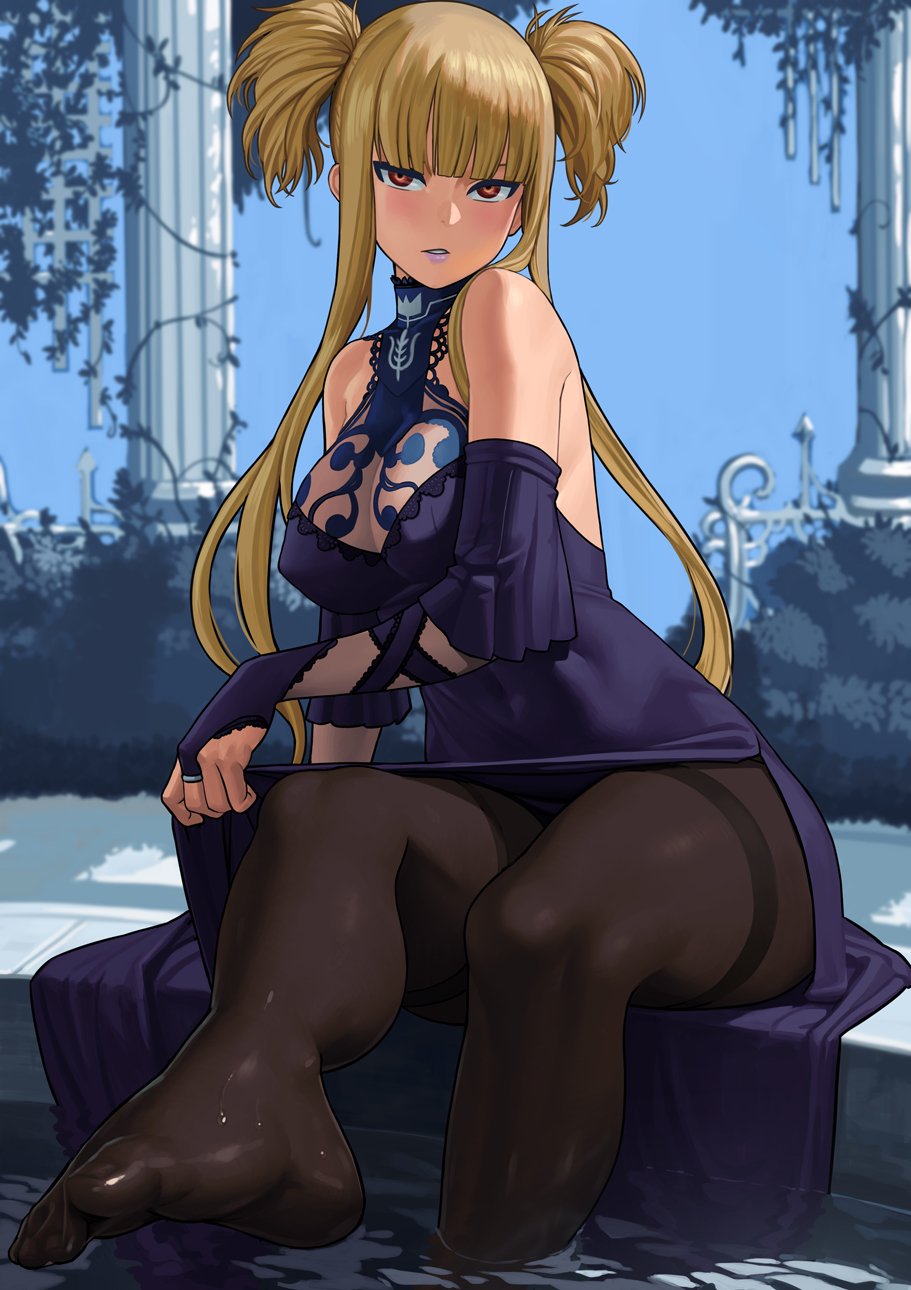 aoki_hagane_no_arpeggio bangs bare_shoulders blunt_bangs blurry blurry_background blush breasts bridal_gauntlets brown_eyes brown_legwear cleavage commentary covered_navel depth_of_field dress empty_eyes fingerless_gloves foreshortening gloves highres kongou_(aoki_hagane_no_arpeggio) large_breasts lasterk leg_up lipstick long_hair looking_at_viewer makeup pantyhose parted_lips purple_dress purple_gloves short_twintails side_slit sidelocks sitting soaking_feet solo thighband_pantyhose twintails wet