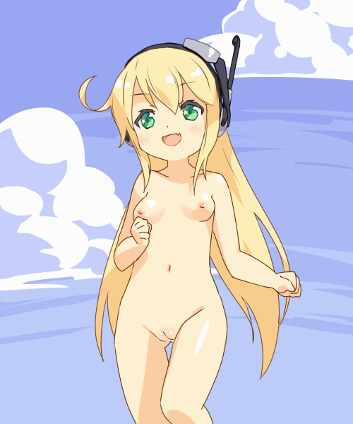 albacore_(azur_lane) animated animated_gif ass_visible_through_thighs azur_lane bangs blonde_hair blue_sky blush bouncing_breasts breasts clenched_hands cloud collarbone day eyebrows_visible_through_hair fang green_eyes groin hands_up happy headphones henshitai_(user_cuvp2733) long_hair navel nipples nude open_mouth outdoors pussy running shiny shiny_hair shiny_skin sky small_breasts smile solo star uncensored
