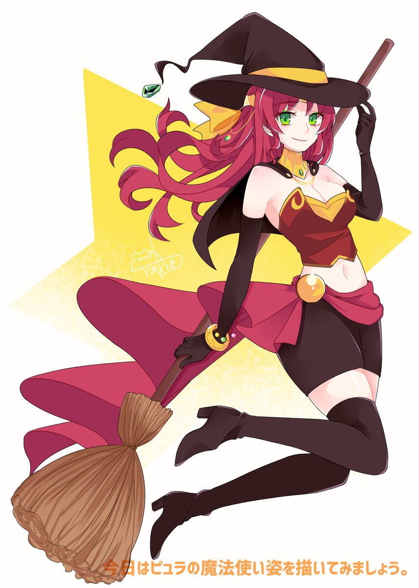 1girl boots breasts broom cleavage elbow_gloves gloves green_eyes halloween high_heel_boots high_heels pyrrha_nikos red_hair rwby solo thigh_boots thighhighs witch