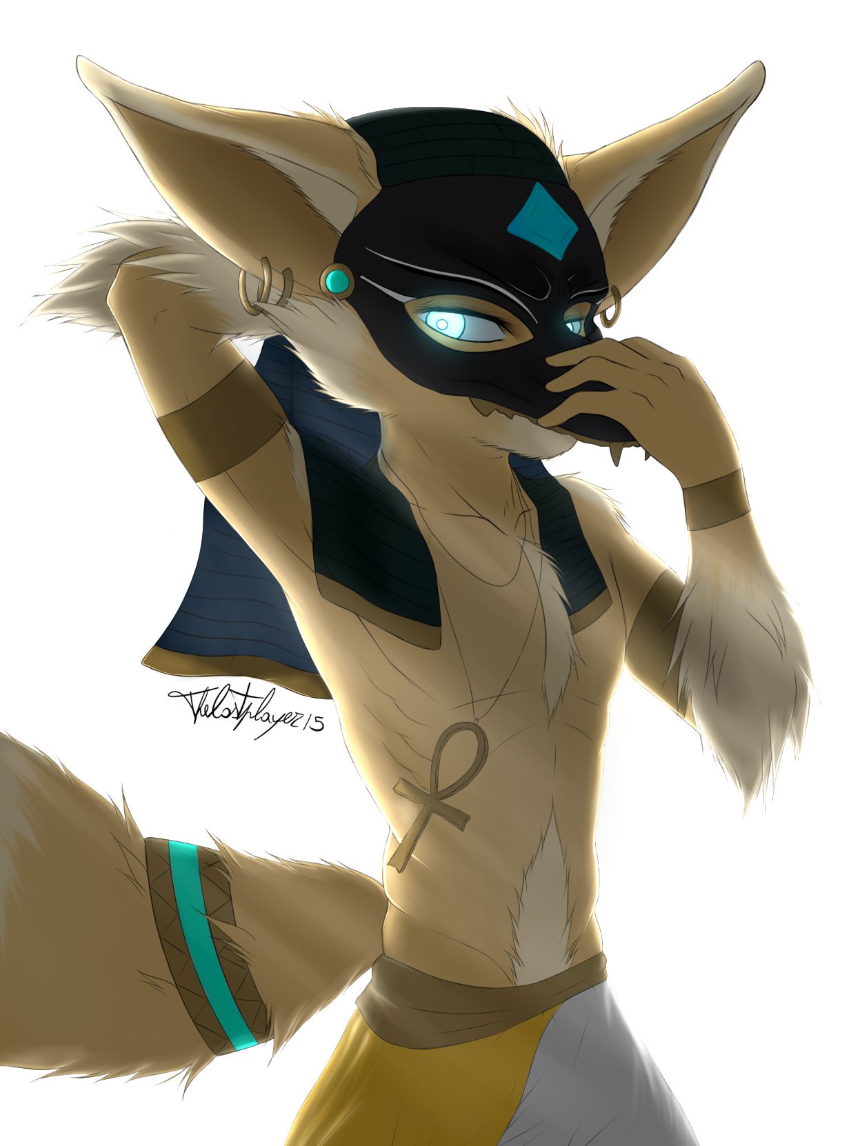 2018 ankh anubis canine chest_fur cosplay deity ear_piercing egyptian_clothing fennec fox half-closed_eyes inner_ear_fluff inviting jewelry male mammal mask muscular muscular_male necklace pakyart15 paladins piercing pip_(paladins) pubes ring signature simple_background smile smirk solo white_background