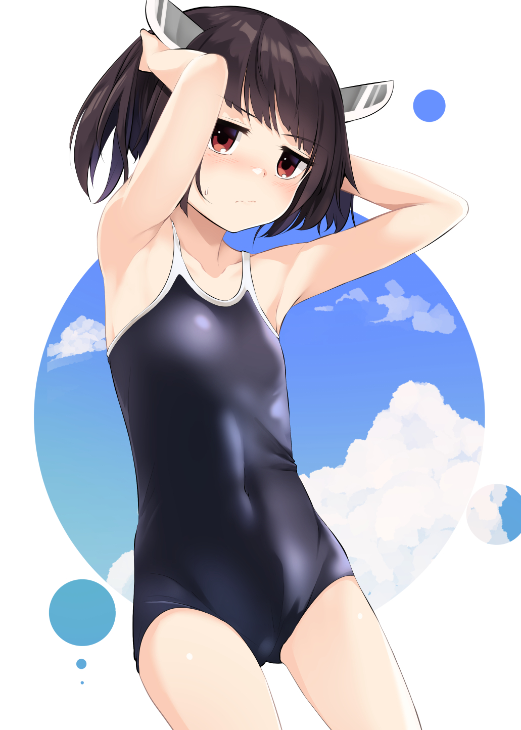 arai_togami armpits arms_up ass_visible_through_thighs bangs bare_arms bare_shoulders black_swimsuit blue_sky blush brown_hair closed_mouth cloud collarbone competition_school_swimsuit covered_navel cowboy_shot eyebrows_visible_through_hair flat_chest highres legs_apart one-piece_swimsuit red_eyes school_swimsuit short_hair sky solo swimsuit thighs touhoku_kiritan voiceroid white_background