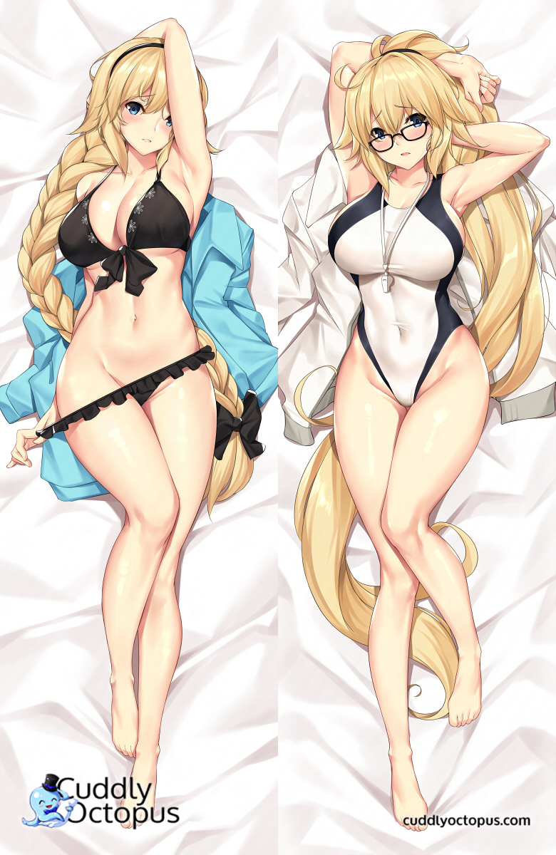 armpits arms_behind_head bare_legs bed_sheet bikini bikini_pull black-framed_eyewear black_bikini blonde_hair blue_eyes blue_jacket blush braid breasts competition_swimsuit covered_navel dakimakura eyebrows_visible_through_hair fate/grand_order fate_(series) front-tie_bikini front-tie_top full_body glasses hair_ribbon hairband highres hood hooded_jacket jacket jeanne_d'arc_(fate)_(all) jeanne_d'arc_(swimsuit_archer) large_breasts long_hair looking_at_viewer navel one-piece_swimsuit open_mouth ponytail ribbon single_braid swimsuit tony_guisado watermark web_address whistle white_swimsuit