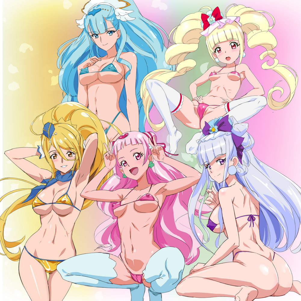 aisaki_emiru armpits arms_up ass bangs bikini blonde_hair blue_bikini blue_eyes blue_hair blue_hat blunt_bangs blush bow breasts cameltoe closed_mouth commentary covered_nipples cure_amour cure_ange cure_angie cure_etoile cure_macherie cure_yell double_v earrings from_behind garrison_cap hair_ornament hat hugtto!_precure jewelry kagayaki_homare large_breasts legs_together long_hair looking_at_viewer looking_back magical_girl micro_bikini multiple_girls navel nono_hana ontaros open_mouth parted_lips pink_bikini pink_eyes pink_hair precure purple_bikini purple_eyes red_eyes ruru_amour shiny shiny_hair shiny_skin silver_hair sitting small_breasts smile spread_legs squatting standing swimsuit teeth thigh_gap thighhighs twintails underboob v wariza white_legwear yakushiji_saaya yellow_bikini yellow_eyes