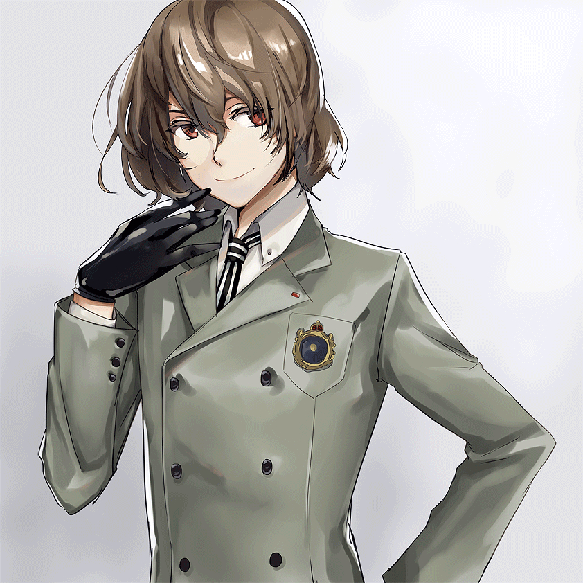 akechi_gorou black_gloves blazer brown_hair gloves grey_background hair_between_eyes hand_on_hip houhou_(black_lack) jacket looking_to_the_side male_focus necktie persona persona_5 red_eyes school_uniform shiny shiny_hair short_hair simple_background smile solo upper_body vertical-striped_neckwear