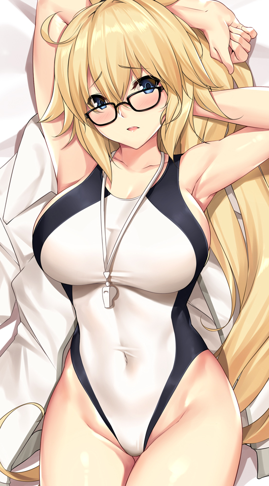 armpits arms_behind_head bed_sheet black-framed_eyewear blonde_hair blue_eyes blush breasts competition_swimsuit covered_navel cowboy_shot dakimakura eyebrows_visible_through_hair fate/grand_order fate_(series) glasses jeanne_d'arc_(fate)_(all) jeanne_d'arc_(swimsuit_archer) large_breasts long_hair looking_at_viewer lying on_back one-piece_swimsuit open_mouth ponytail solo swimsuit tony_guisado whistle white_swimsuit