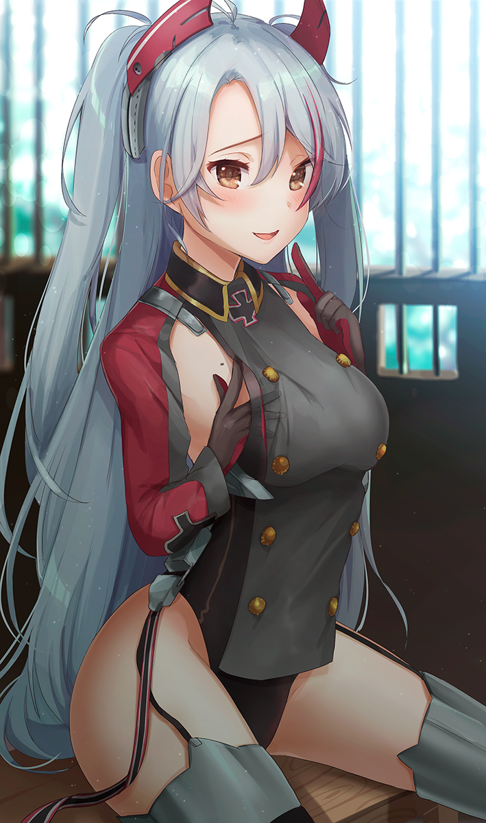 antenna_hair armpit_cutout azur_lane bangs black_panties blush breasts brown_eyes commentary_request day eyebrows_visible_through_hair garter_straps groin hair_between_eyes hand_on_own_chest hand_up headgear highres index_finger_raised indoors iron_cross kelly_0w0 large_breasts long_hair looking_at_viewer mole mole_on_breast multicolored_hair open_mouth panties prinz_eugen_(azur_lane) red_hair silver_hair sitting smile solo streaked_hair thighhighs thighs two_side_up underwear very_long_hair window