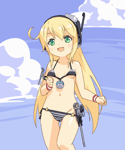 albacore_(azur_lane) animated animated_gif armlet ass_visible_through_thighs azur_lane bangs bare_shoulders bikini black_bikini blonde_hair blue_sky blush bouncing_breasts breasts clenched_hands cloud collarbone day eyebrows_visible_through_hair fang green_eyes groin gun handgun hands_up happy headphones henshitai_(user_cuvp2733) long_hair loose_bikini navel nipples open_mouth outdoors pistol pussy running shiny shiny_hair shiny_skin side-tie_bikini sky small_breasts smile solo star striped striped_bikini swimsuit uncensored wardrobe_malfunction weapon wristband
