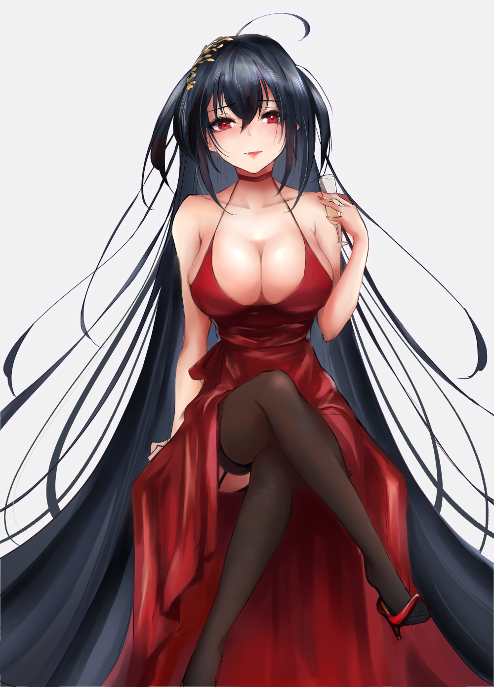 absurdly_long_hair ahoge alcohol alternate_costume arm_support armpit_crease azur_lane bare_arms bare_shoulders black_hair black_legwear blush breasts champagne champagne_flute choker cleavage cocktail_dress collarbone commentary_request crossed_legs cup dress drinking_glass eyebrows_visible_through_hair grey_background hair_between_eyes hair_ornament high_heels highres holding holding_cup huge_breasts kyarotto_(zenkixd) large_breasts long_hair looking_at_viewer nail_polish red_choker red_dress red_eyes red_footwear red_nails shoe_dangle simple_background sitting sleeveless sleeveless_dress smile solo taihou_(azur_lane) thighhighs very_long_hair