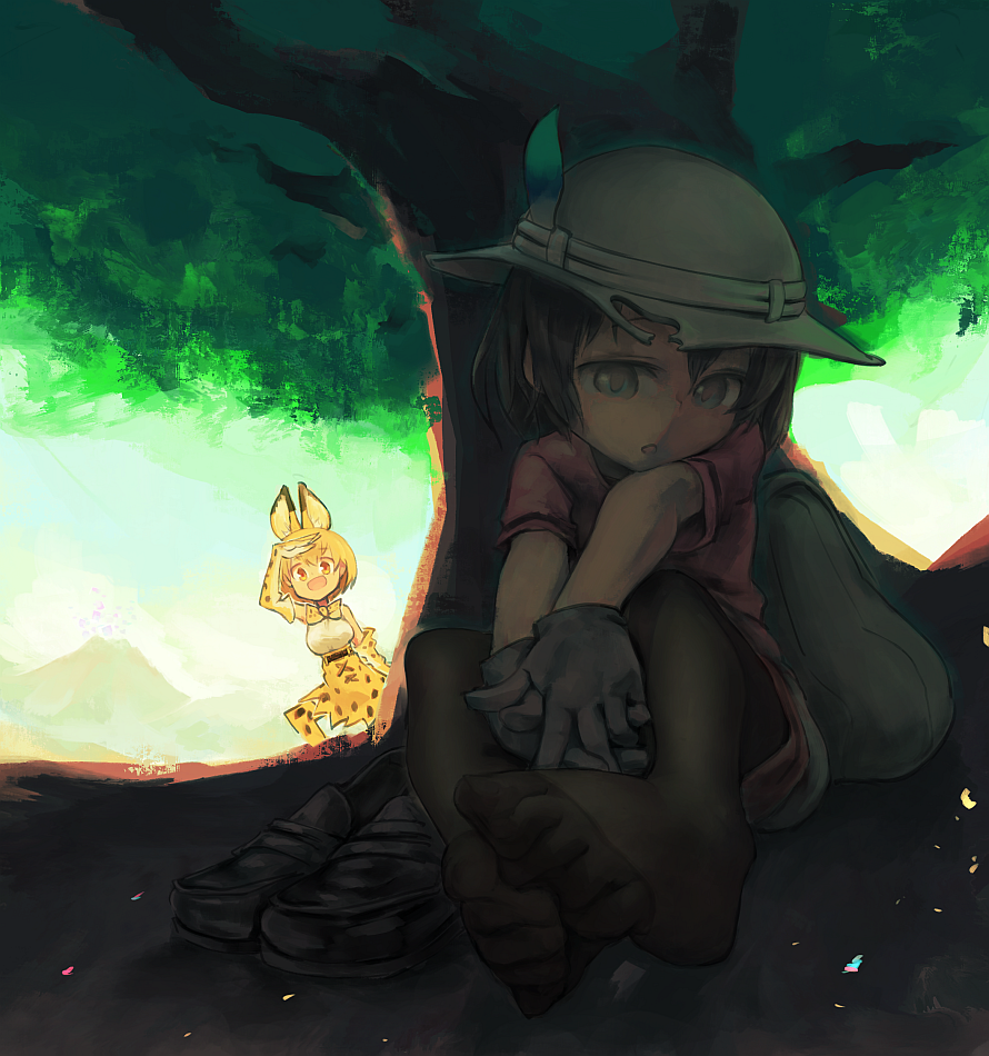 :d :o animal_ears bangs black_gloves commentary day eyebrows_visible_through_hair foot_up gloves hands_together hat_feather helmet high-waist_skirt kaban_(kemono_friends) kemono_friends loafers looking_at_viewer multiple_girls open_mouth outdoors pantyhose pantyhose_under_shorts pith_helmet print_gloves print_legwear print_neckwear print_skirt red_shirt serval_(kemono_friends) serval_ears serval_print serval_tail shade shading_eyes shirt shoes shoes_removed short_hair short_sleeves shorts sitting skirt sleeveless sleeveless_shirt smile standing striped_tail symbol_commentary tail thighhighs tree volcano yasushi yellow_gloves yellow_legwear yellow_skirt