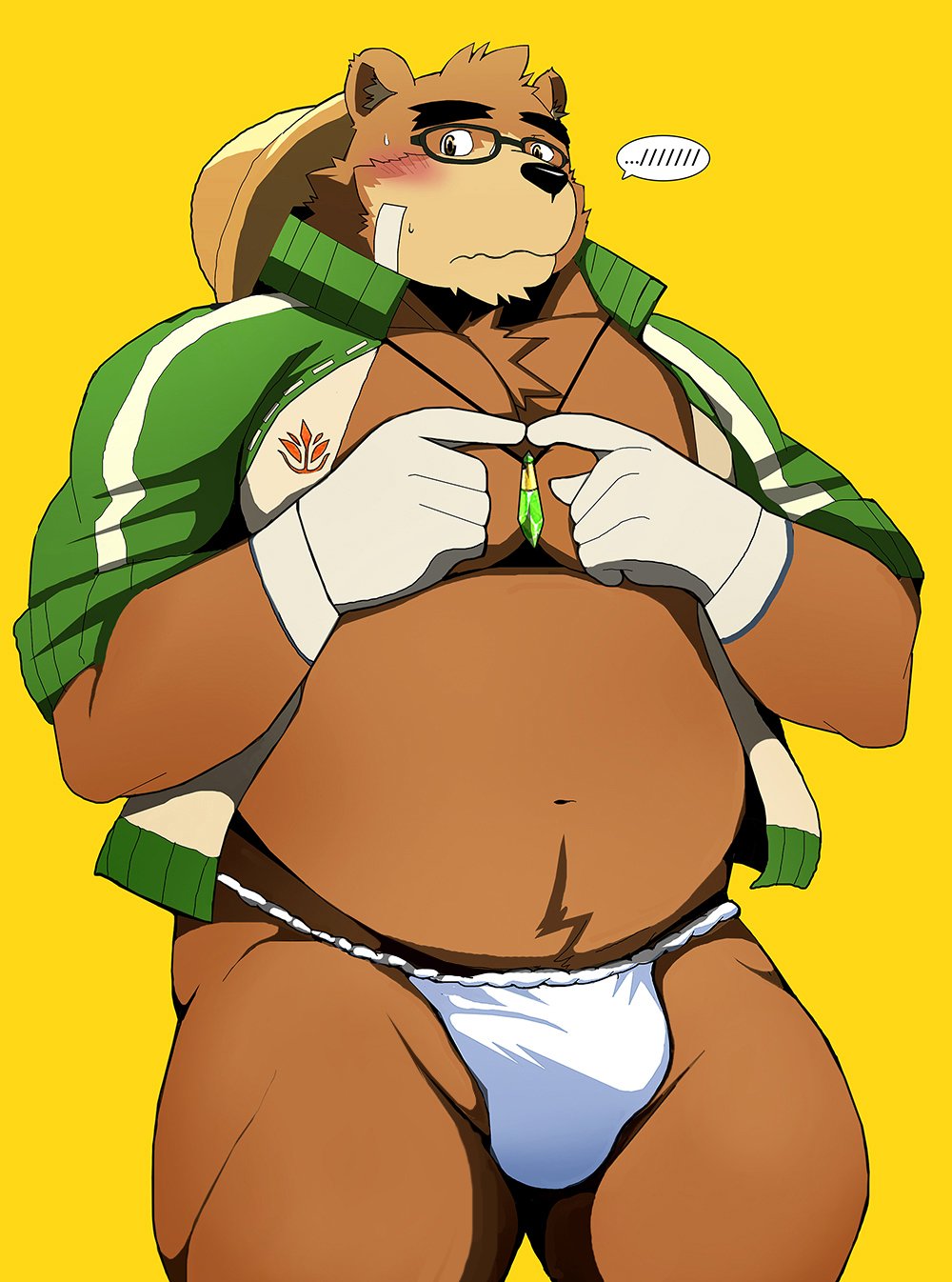 2018 anthro bear bearlovestiger13 belly blush brown_fur bulge clothed clothing eyewear fundoshi fur glasses gloves hat japanese_clothing male mammal moobs navel overweight overweight_male simple_background solo straw_hat tokyo_afterschool_summoners underwear volos yellow_background