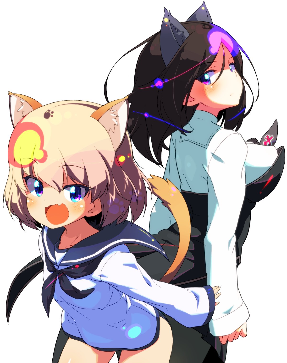 :d animal_ears ass bangs black_hair black_jacket black_legwear black_neckwear black_skirt blonde_hair blouse blue_eyes blush breasts cat_ears cat_tail closed_mouth commentary cosplay cowboy_shot emblem eyebrows_visible_through_hair fang from_behind girls_und_panzer highres jacket katyusha kemonomimi_mode leaning_forward light_frown long_hair long_sleeves looking_at_viewer looking_back medium_breasts military military_uniform miniskirt miyafuji_yoshika miyafuji_yoshika_(cosplay) neckerchief no_pants nonna open_mouth pantyhose paw_print pleated_skirt pravda_(emblem) sailor sailor_collar sanya_v_litvyak sanya_v_litvyak_(cosplay) shirt short_hair simple_background skirt smile standing strapless strike_witches sw swept_bangs swimsuit swimsuit_under_clothes tail uniform white_background white_blouse white_shirt world_witches_series