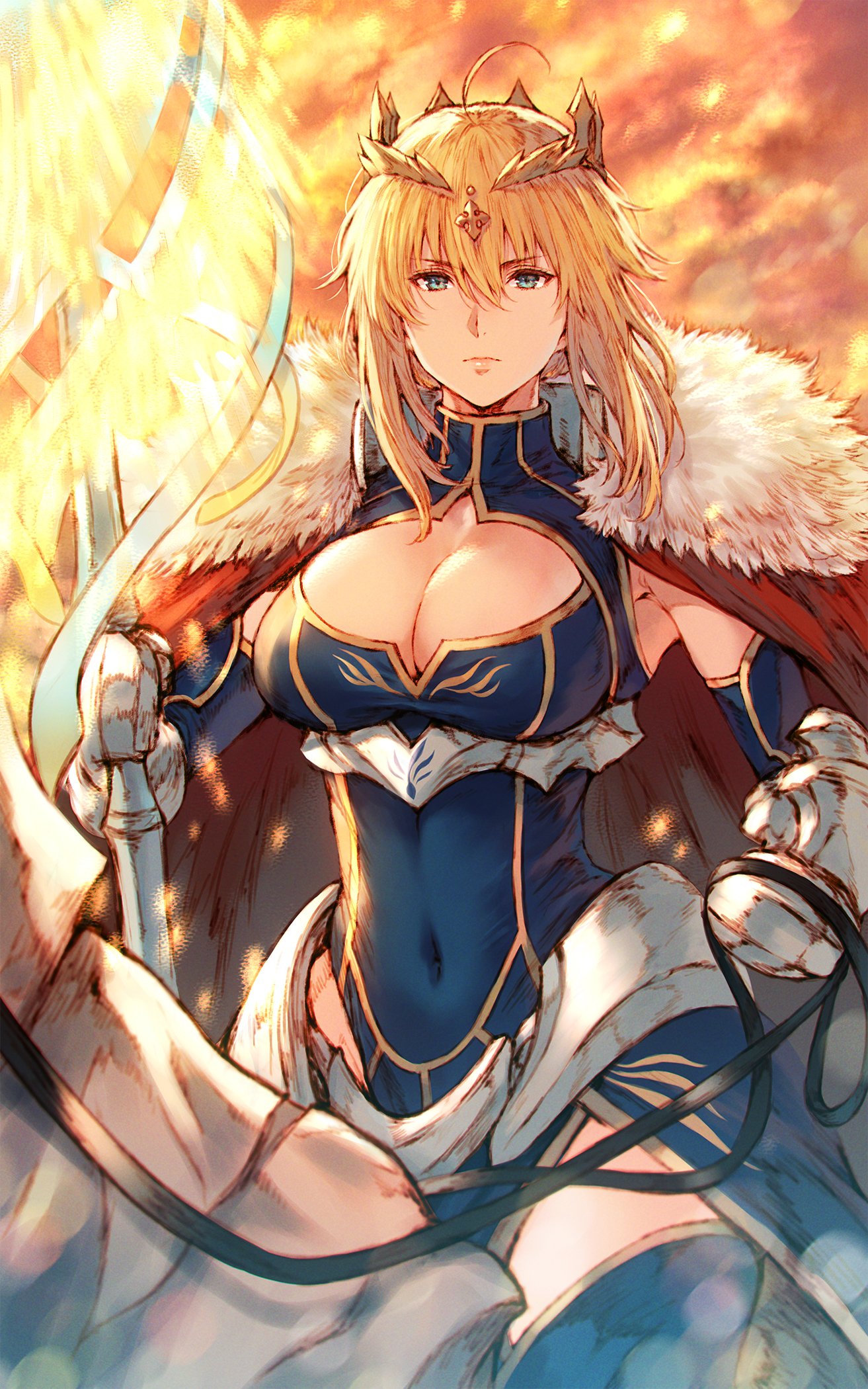 ahoge armor artoria_pendragon_(all) artoria_pendragon_(lancer) bangs blue_dress blue_gloves blue_legwear blue_leotard breasts cape closed_mouth commentary covered_navel crown dress eyebrows_visible_through_hair facing_viewer fate/grand_order fate_(series) fur-trimmed_cape fur_trim gauntlets gloves glowing glowing_weapon green_eyes hair_between_eyes highres horse horseback_riding lance large_breasts leotard looking_at_viewer makimura_shunsuke polearm red_cape rhongomyniad riding sidelocks underbust weapon white_horse