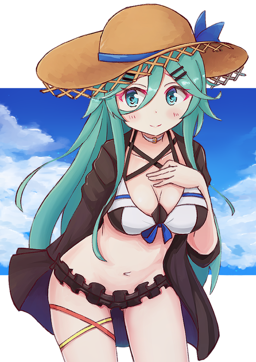 aqua_eyes aqua_hair ass_visible_through_thighs bikini blue_bow blue_sky blush bow breasts choker cleavage closed_mouth cloud collarbone commentary day eyebrows_visible_through_hair frilled_bikini frills hair_between_eyes hair_ornament hairclip halter_top halterneck hat hat_bow highres kaede_shiroppu kantai_collection large_breasts leaning_forward long_hair looking_at_viewer lowleg_skirt navel open_clothes open_robe robe shoal sky smile straw_hat swimsuit tareme yamakaze_(kantai_collection)