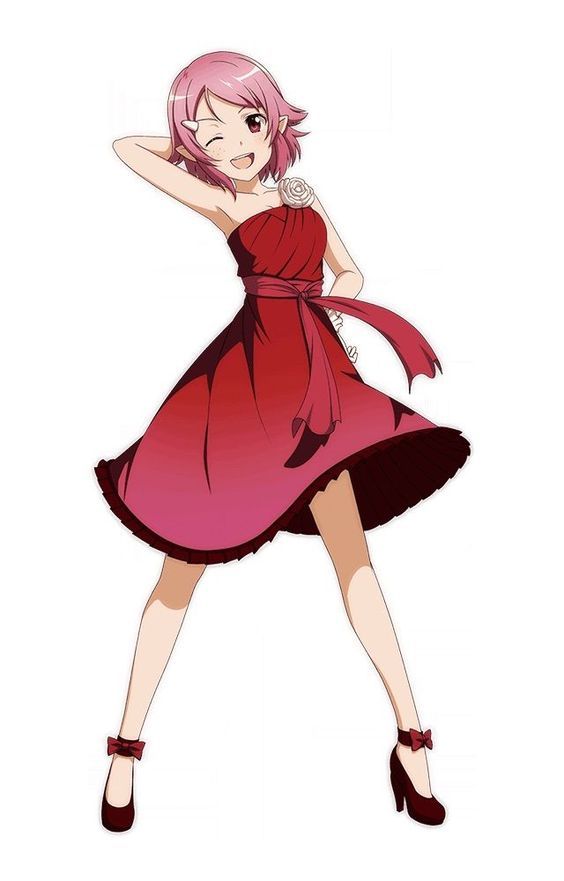 ;d ankle_bow ankle_ribbon ankle_strap armpits bow breasts cleavage collarbone dress flower freckles frilled_dress frills full_body hair_ornament hairclip hand_behind_head hand_on_hip head_tilt high_heels lisbeth lisbeth_(sao-alo) medium_breasts one_eye_closed open_mouth pink_hair pointy_ears pumps red_bow red_dress red_eyes red_footwear ribbon rose short_dress short_hair simple_background sleeveless sleeveless_dress smile solo strapless strapless_dress sword_art_online white_background white_flower white_rose wrist_cuffs