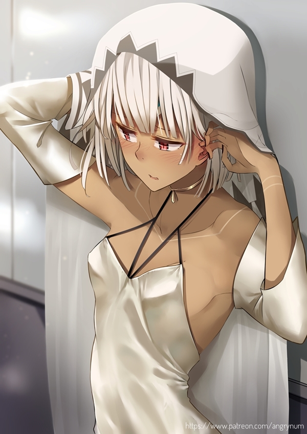 altera_(fate) angry_num bangs bare_shoulders black_nails blunt_bangs blush breasts choker collarbone commentary dark_skin detached_sleeves dress fate/grand_order fate_(series) fingernails hands_in_hair headdress heroic_spirit_formal_dress indoors jewelry looking_down nail_polish open_mouth red_eyes shiny_floor short_hair silver_dress sleeveless sleeveless_dress small_breasts solo tan tattoo upper_body veil white_hair
