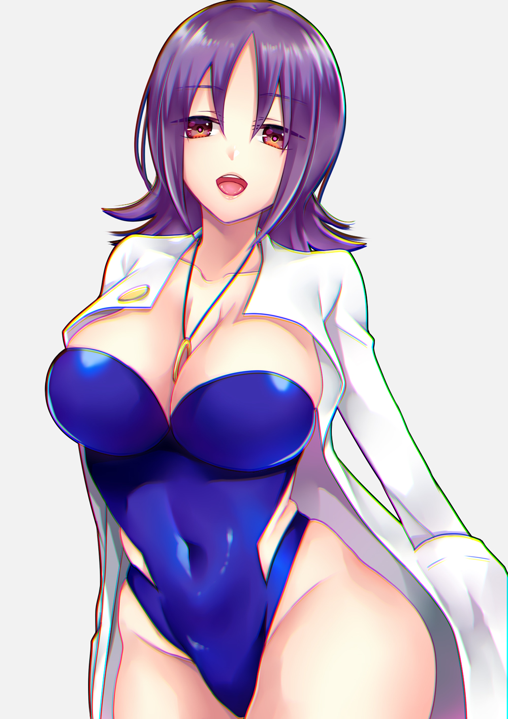 black_swimsuit breasts casual_one-piece_swimsuit chikage_(blackclownery) chromatic_aberration commentary_request cowboy_shot highres jewelry labcoat large_breasts looking_at_viewer medium_hair necklace one-piece_swimsuit open_mouth pokemon pokemon_(anime) purple_hair simple_background solo swimsuit uchikido_(pokemon) white_background