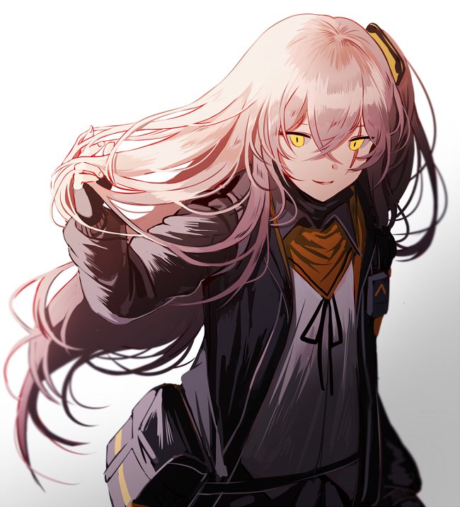 armband bangs black_gloves black_ribbon commentary crossed_bangs eyebrows_visible_through_hair fingerless_gloves floating_hair girls_frontline gloves gradient gradient_background grey_hair hair_between_eyes hair_ornament hand_in_hair hood hood_down hooded_jacket jacket long_hair looking_at_viewer neck_ribbon one_side_up open_mouth ribbon scar scar_across_eye scarf shirt silence_girl simple_background skirt smile ump45_(girls_frontline) untucked_shirt white_shirt yellow_eyes