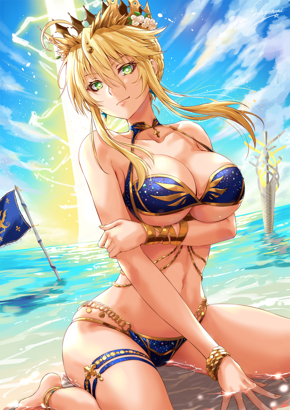 anklet arm_under_breasts artoria_pendragon_(all) artoria_pendragon_(lancer) bangs bare_shoulders belly_chain bikini blonde_hair blue_bikini bracelet breast_hold breasts cleavage closed_mouth collarbone commentary_request cross crown day eyelashes fate/grand_order fate_(series) flag flower green_eyes hair_between_eyes hair_flower hair_ornament highres hips jewelry large_breasts light_rays lips long_hair looking_at_viewer navel ocean outdoors rhongomyniad sakiyamama sidelocks sitting sky smile solo swimsuit thigh_strap thighs underboob wariza white_pupils