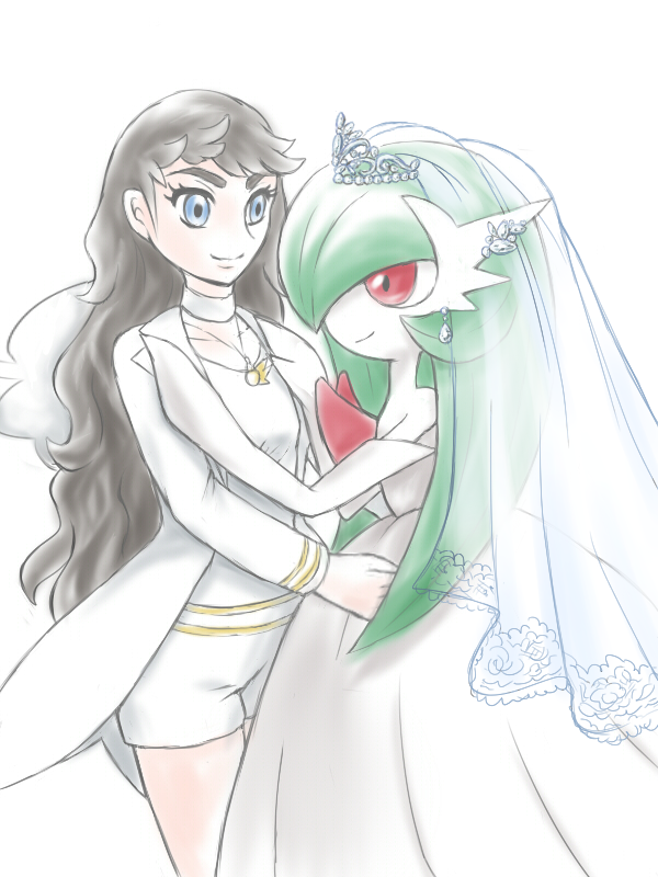 2girls alternate_hair_length alternate_hairstyle blue_eyes breasts brown_hair carnet_(pokemon) choker closed_mouth collarbone creatures_(company) earrings female game_freak gardevoir gen_3_pokemon green_hair hair_over_one_eye hands_up jewelry long_hair long_sleeves looking_at_another mega_gardevoir momosu_(pixiv26550149) multiple_girls necklace nintendo pokemon pokemon_(creature) pokemon_(game) pokemon_xy red_eyes shirt short_hair short_shorts shorts simple_background small_breasts smile standing tiara veil wedding_veil white_background white_choker white_coat white_shirt white_shorts