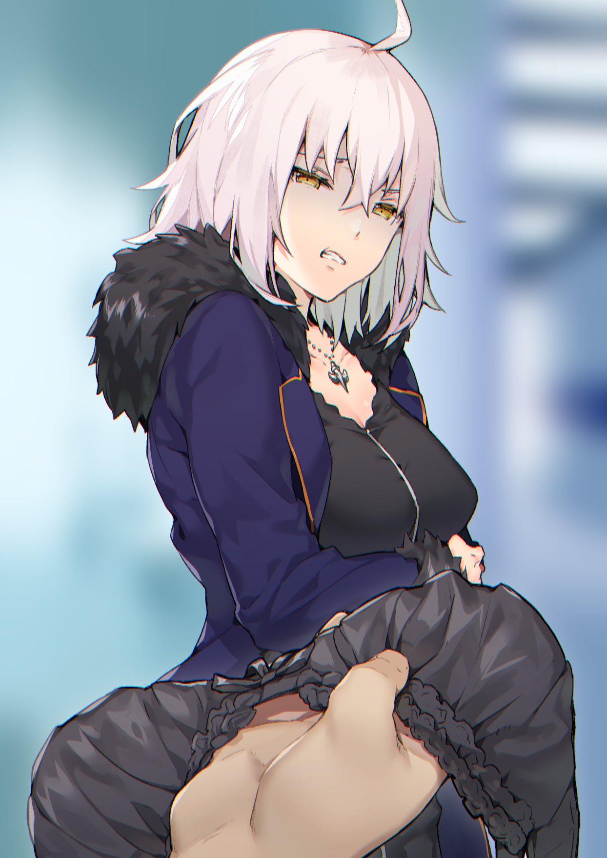 ahoge annoyed arms_under_breasts black_dress blue_jacket blurry blurry_background bra breasts clenched_teeth commentary_request crossed_arms dress fate/grand_order fate_(series) frilled_bra frills fur_collar fur_trim highres holding holding_bra itohana jacket jeanne_d'arc_(alter)_(fate) jeanne_d'arc_(fate)_(all) jewelry large_breasts looking_at_viewer necklace parted_lips pov short_hair silver_hair teeth underwear yellow_eyes