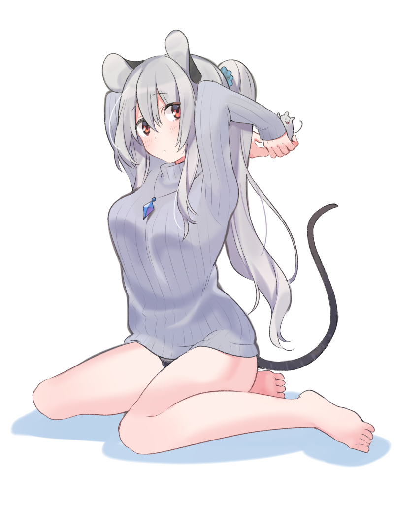 akagashi_hagane alternate_hair_length alternate_hairstyle animal_ears barefoot blush breasts full_body grey_hair long_hair medium_breasts mouse mouse_ears mouse_tail nazrin no_pants panties red_eyes revision ribbed_sweater simple_background solo sweater tail touhou underwear white_background white_panties
