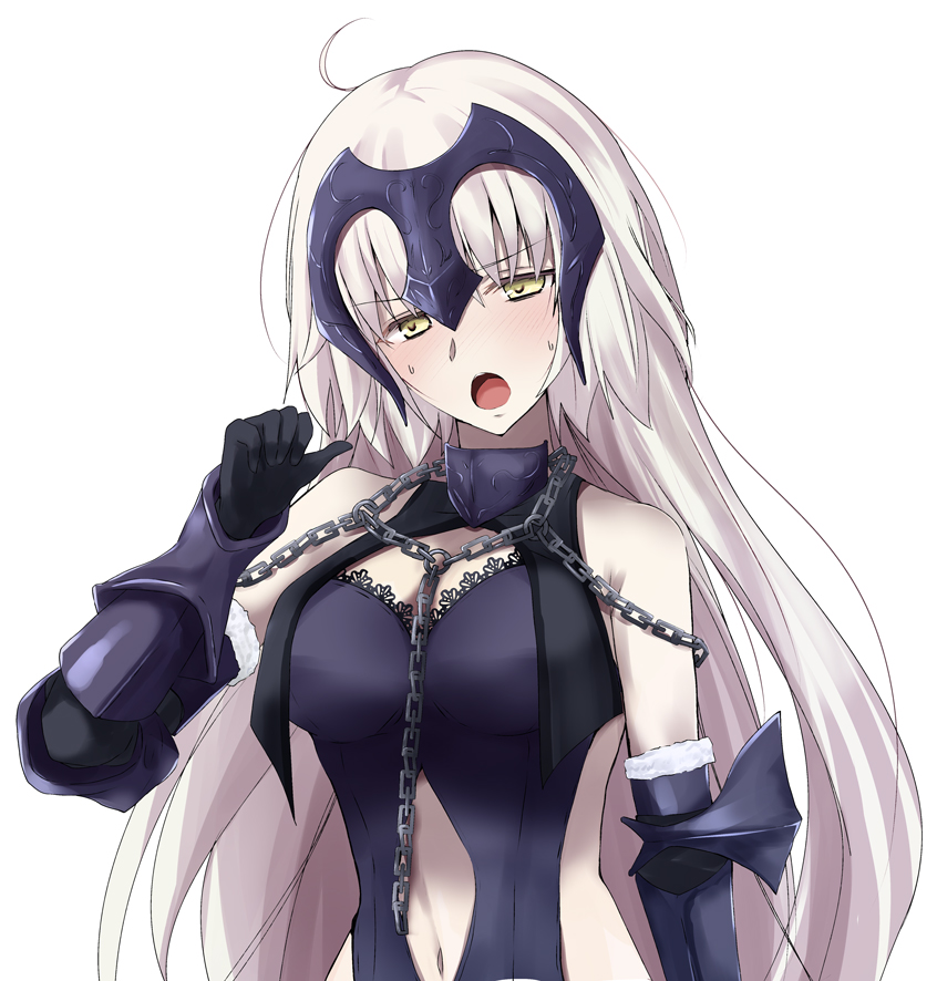 ahoge black_gloves blush breasts character_name commentary_request eyebrows_visible_through_hair fate/grand_order fate_(series) gloves headpiece jeanne_d'arc_(alter)_(fate) jeanne_d'arc_(fate)_(all) large_breasts long_hair navel navel_cutout rikudou_inuhiko side_cutout solo sweat white_background yellow_eyes