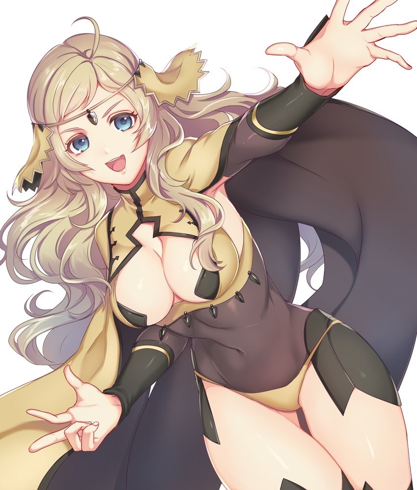 ahoge blonde_hair blue_eyes breasts brown_cape cape center_opening circlet cleavage cleavage_cutout covered_navel cowboy_shot fire_emblem fire_emblem_if hand_gesture kokouno_oyazi long_hair looking_at_viewer medium_breasts navel open_mouth ophelia_(fire_emblem_if) outstretched_arm simple_background skin_tight solo thigh_gap upper_teeth wavy_hair white_background