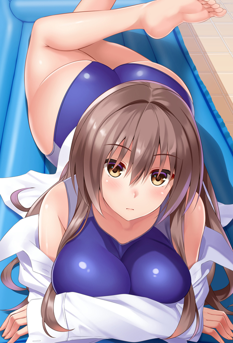 ass bare_shoulders barefoot blue_swimsuit breasts brown_eyes brown_hair commentary_request competition_swimsuit dress_shirt huyumitsu inflatable_raft large_breasts long_hair looking_at_viewer lying on_stomach one-piece_swimsuit original shirt solo swimsuit