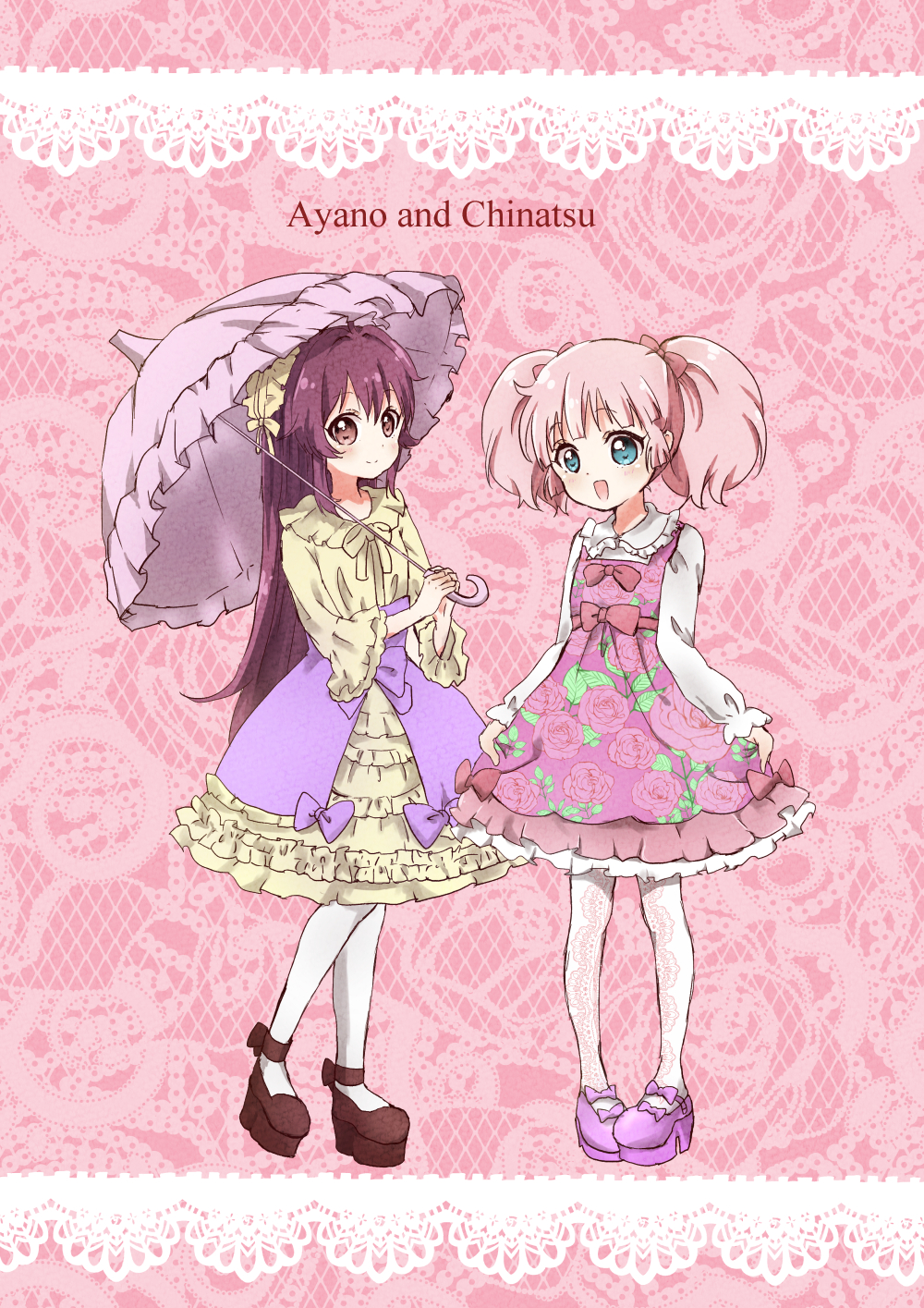 :d blue_eyes brown_footwear character_name closed_mouth commentary dress floral_print frilled_dress frills full_body hairband highres holding holding_umbrella lace_background lolita_fashion lolita_hairband long_hair long_sleeves looking_at_viewer mearian multiple_girls open_mouth pantyhose parasol pink_background pink_dress pink_footwear pink_hair platform_footwear ponytail print_dress print_legwear purple_eyes purple_hair ribbon rose_print shoes skirt_hold smile standing sugiura_ayano sweet_lolita twintails umbrella white_legwear yellow_dress yoshikawa_chinatsu yuru_yuri