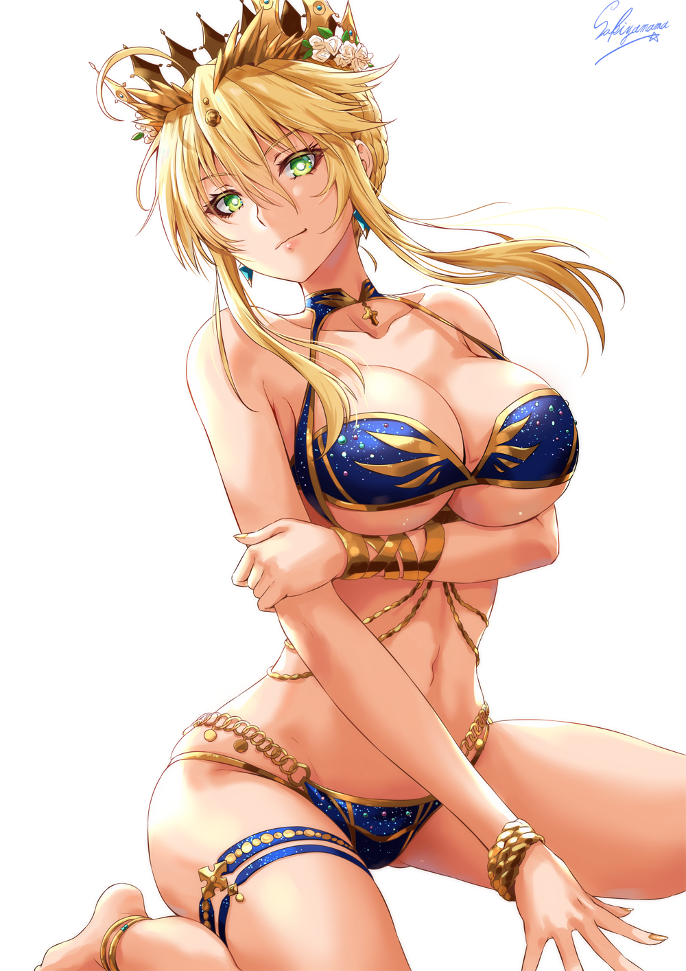 anklet arm_under_breasts artoria_pendragon_(all) artoria_pendragon_(lancer) bangs bare_shoulders belly_chain bikini blonde_hair blue_bikini bracelet breast_hold breasts cleavage closed_mouth collarbone commentary_request cross crown day eyelashes fate/grand_order fate_(series) flower green_eyes hair_between_eyes hair_flower hair_ornament highres hips jewelry large_breasts light_rays lips long_hair looking_at_viewer navel sakiyamama sidelocks simple_background sitting sky smile solo swimsuit thigh_strap thighs underboob wariza white_background white_pupils