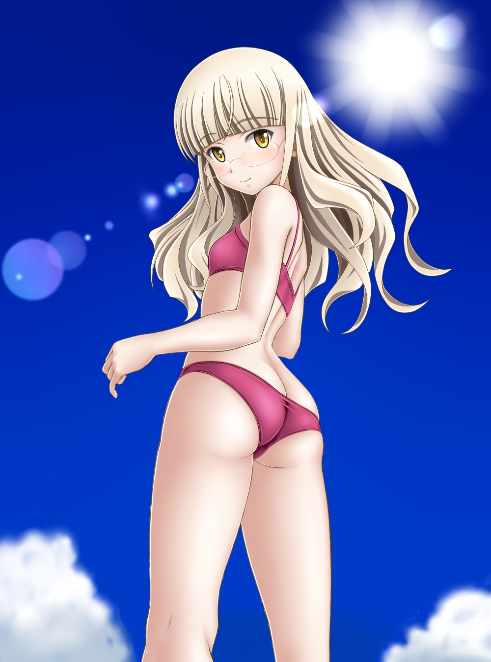 ass bikini blonde_hair blush breasts day glasses highres long_hair looking_at_viewer looking_back mushoku_no_hourousha perrine_h_clostermann purple_bikini sky small_breasts smile solo strike_witches sun swimsuit swimwear world_witches_series yellow_eyes