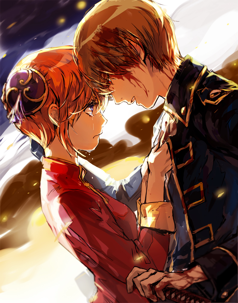1girl blood blood_on_face blue_eyes brown_hair china_dress chinese_clothes couple crying crying_with_eyes_open dress eye_contact gintama hair_bun hand_on_hilt kagura_(gintama) looking_at_another military military_uniform okita_sougo open_mouth orange_hair red_dress red_eyes short_hair tears uniform upper_body zzyzzyy